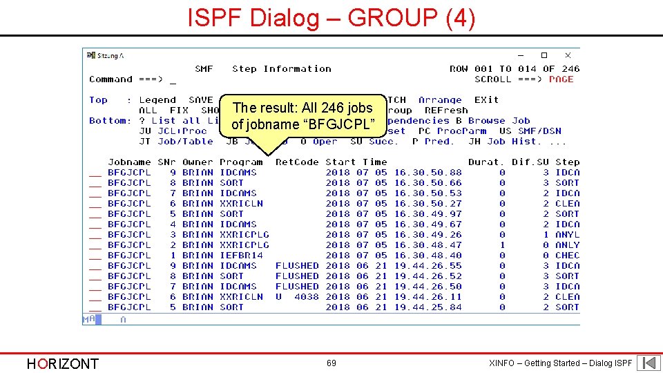 ISPF Dialog – GROUP (4) The result: All 246 jobs of jobname “BFGJCPL” HORIZONT