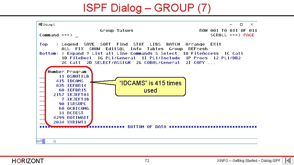 ISPF Dialog – GROUP (7) “IDCAMS” is 415 times used HORIZONT 72 XINFO –