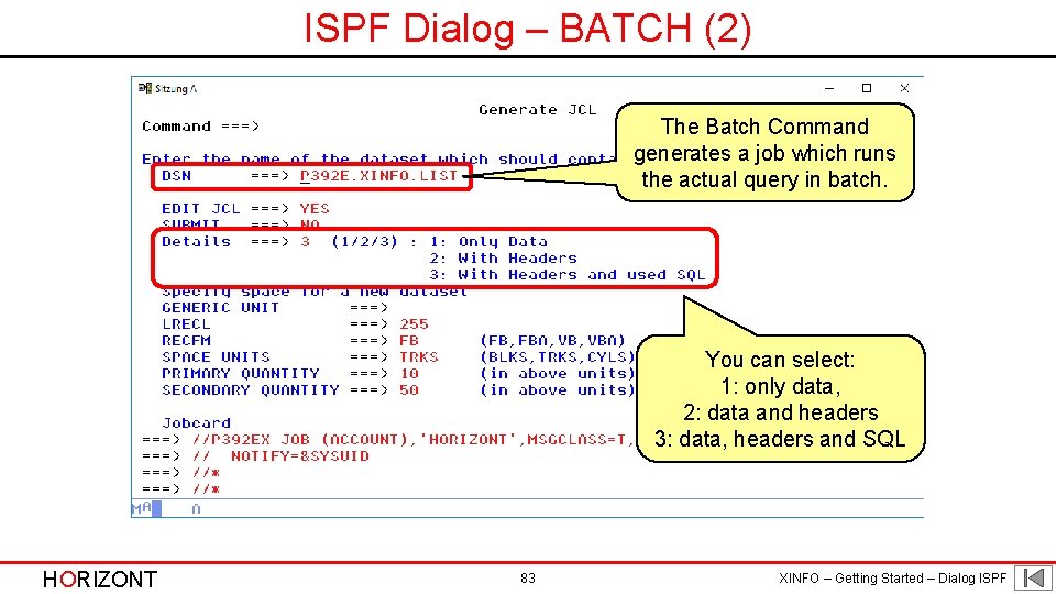 ISPF Dialog – BATCH (2) The Batch Command generates a job which runs the