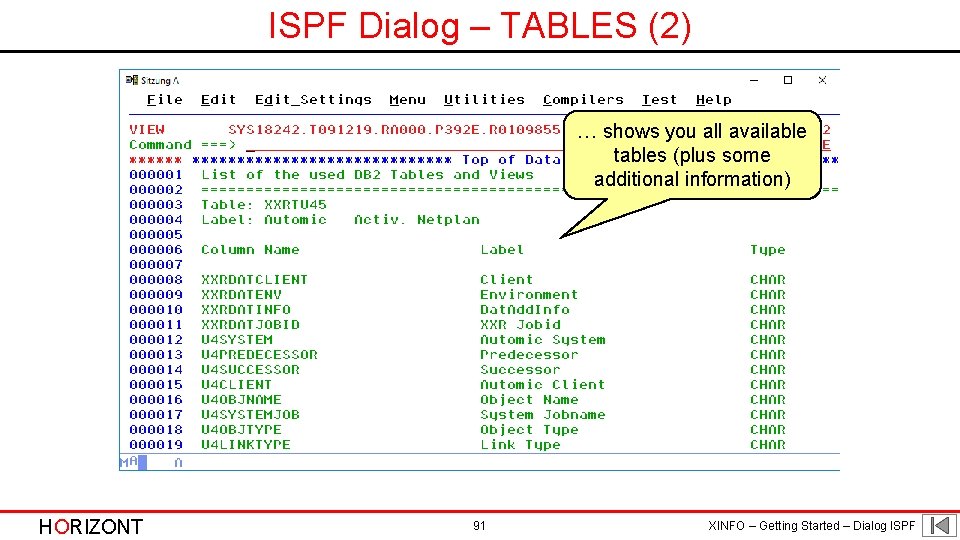 ISPF Dialog – TABLES (2) … shows you all available tables (plus some additional