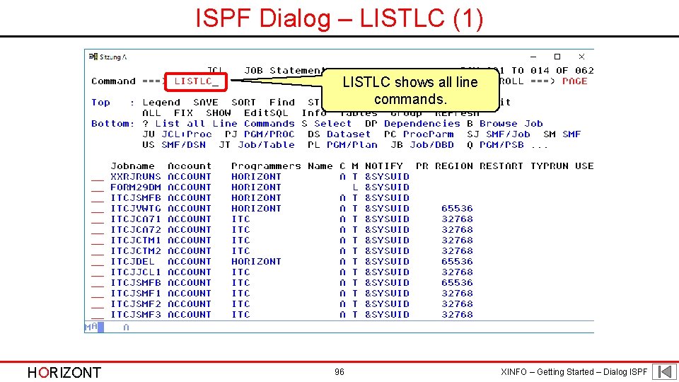 ISPF Dialog – LISTLC (1) LISTLC shows all line commands. HORIZONT 96 XINFO –