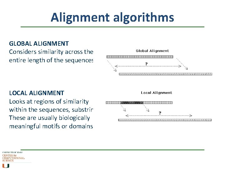 Alignment algorithms GLOBAL ALIGNMENT Considers similarity across the entire length of the sequences LOCAL