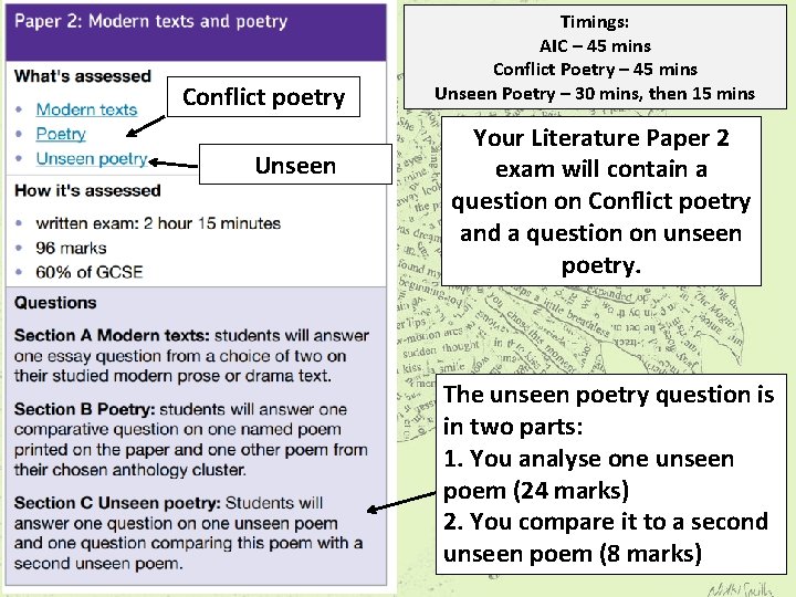 Conflict poetry Unseen Timings: AIC – 45 mins Conflict Poetry – 45 mins Unseen