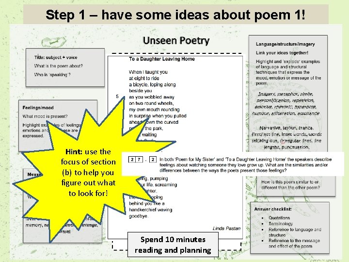 Step 1 – have some ideas about poem 1! Hint: use the focus of