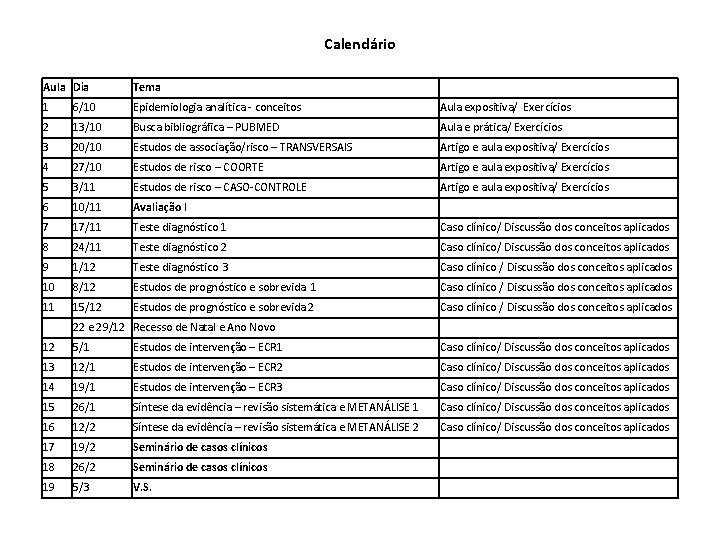 Calendário Aula Dia Tema 1 6/10 Epidemiologia analítica - conceitos Aula expositiva/ Exercícios 2