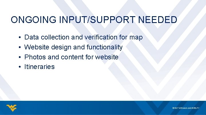 ONGOING INPUT/SUPPORT NEEDED • • Data collection and verification for map Website design and