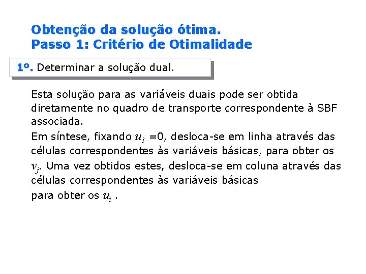 Obtenção da solução ótima. Passo 1: Critério de Otimalidade 1º. Determinar a solução dual.