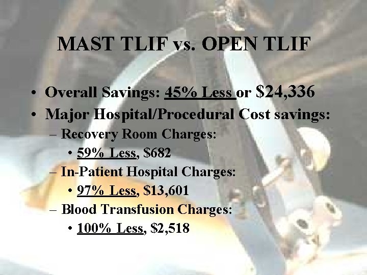 MAST TLIF vs. OPEN TLIF • Overall Savings: 45% Less or $24, 336 •