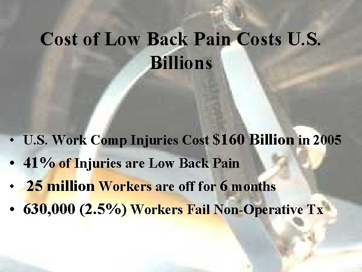 Cost of Low Back Pain Costs U. S. Billions • U. S. Work Comp