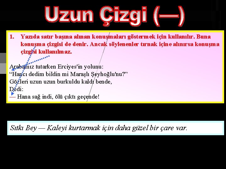 1. Yazıda satır başına alınan konuşmaları göstermek için kullanılır. Buna konuşma çizgisi de denir.