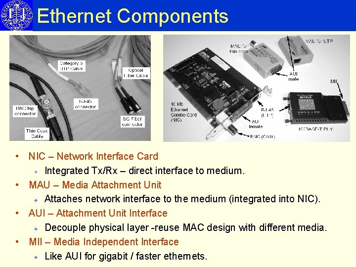 Ethernet Components • NIC – Network Interface Card Integrated Tx/Rx – direct interface to