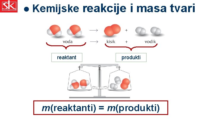 l Kemijske reaktant reakcije i masa tvari produkti m(reaktanti) = m(produkti) 
