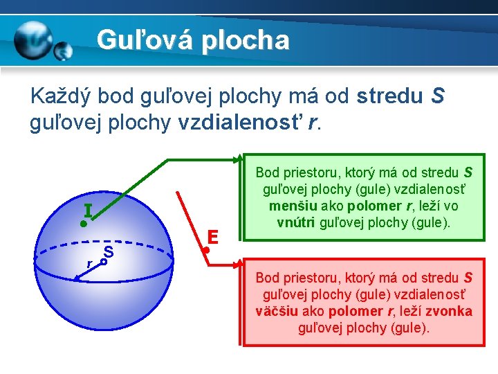 Guľová plocha Každý bod guľovej plochy má od stredu S guľovej plochy vzdialenosť r.