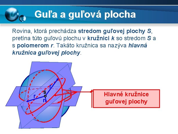 Guľa a guľová plocha Rovina, ktorá prechádza stredom guľovej plochy S, pretína túto guľovú