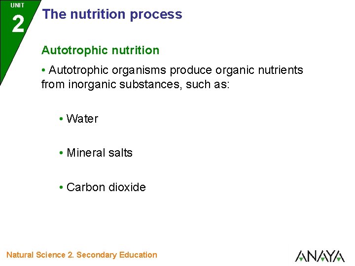 UNIT 2 The nutrition process Autotrophic nutrition • Autotrophic organisms produce organic nutrients from