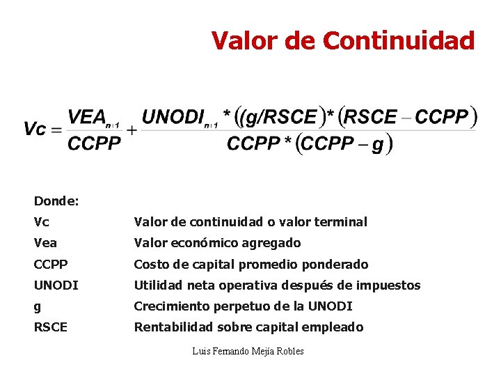 Valor de Continuidad Donde: Vc Valor de continuidad o valor terminal Vea Valor económico Valor de Continuidad Donde: Vc Valor de continuidad o valor terminal Vea Valor económico