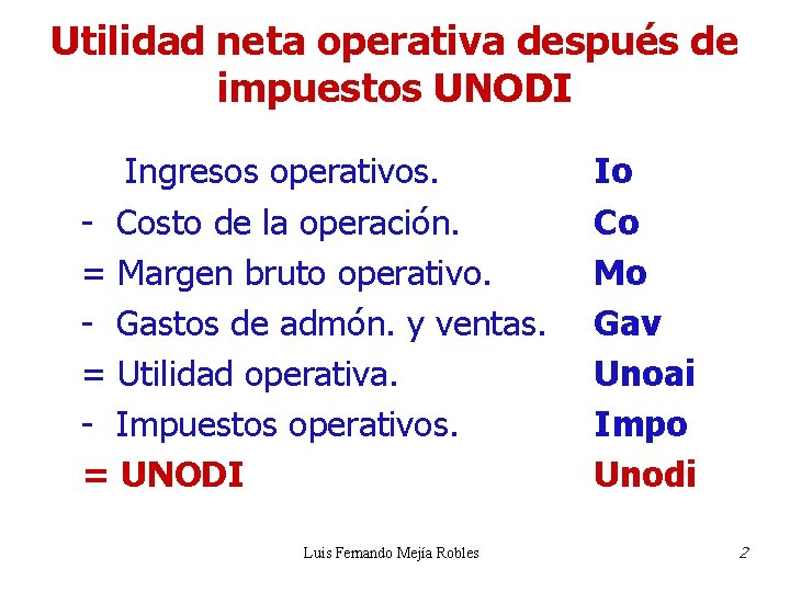 Utilidad neta operativa después de impuestos UNODI Ingresos operativos. - Costo de la operación. Utilidad neta operativa después de impuestos UNODI Ingresos operativos. - Costo de la operación.