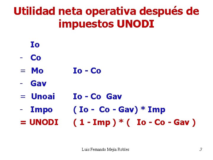 Utilidad neta operativa después de impuestos UNODI Io - Co = Mo Io - Utilidad neta operativa después de impuestos UNODI Io - Co = Mo Io -