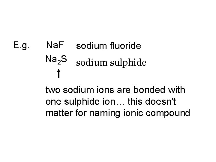 E. g. Na. F sodium fluoride Na 2 S sodium sulphide two sodium ions