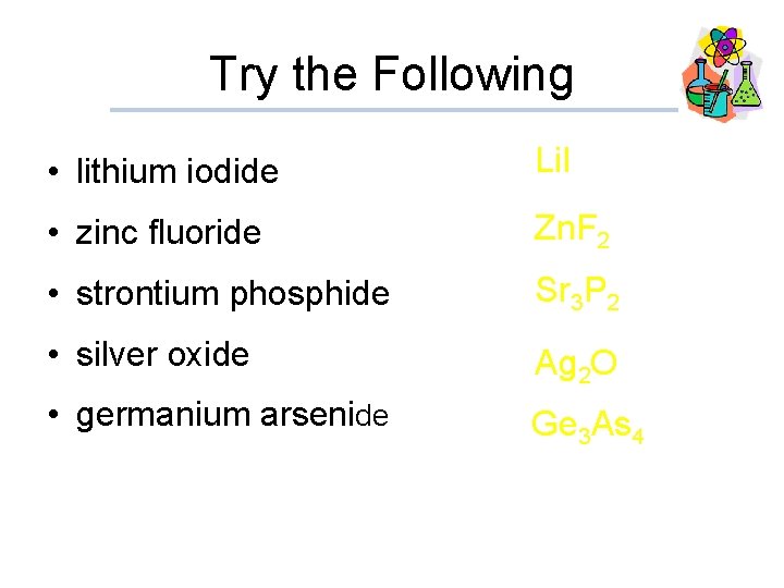 Try the Following • lithium iodide Li. I • zinc fluoride Zn. F 2