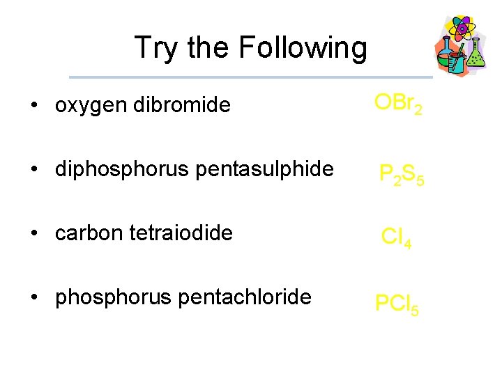 Try the Following • oxygen dibromide OBr 2 • diphosphorus pentasulphide P 2 S