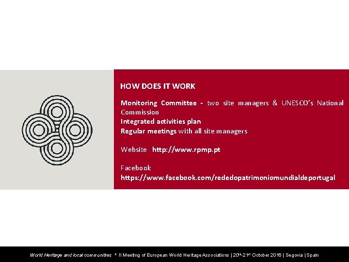 HOW DOES IT WORK Monitoring Committee - two site managers & UNESCO’s National Commission