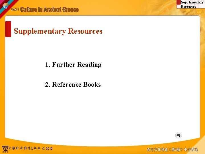 Supplementary Resources 1. Further Reading 2. Reference Books 