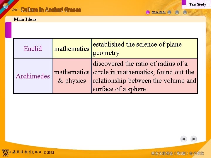 Text Study Main Ideas Euclid established the science of plane mathematics geometry discovered the