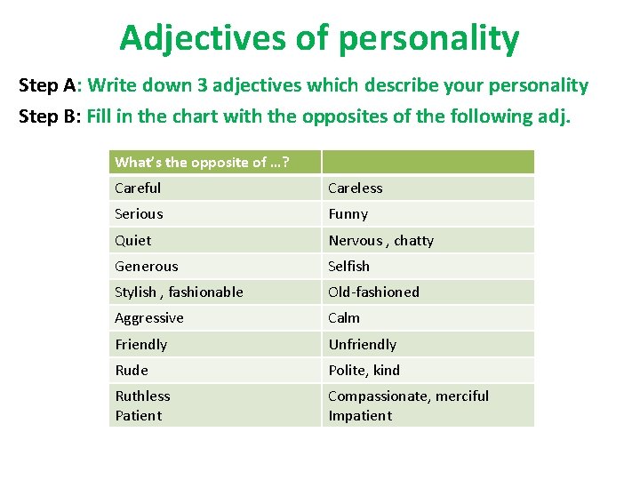 Adjectives of personality Step A: Write down 3 adjectives which describe your personality Step Adjectives of personality Step A: Write down 3 adjectives which describe your personality Step