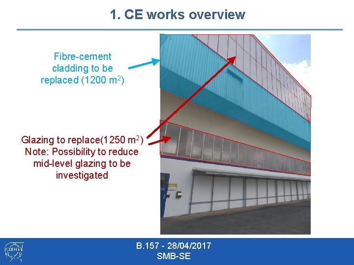 1. CE works overview Fibre-cement cladding to be replaced (1200 m 2) Glazing to