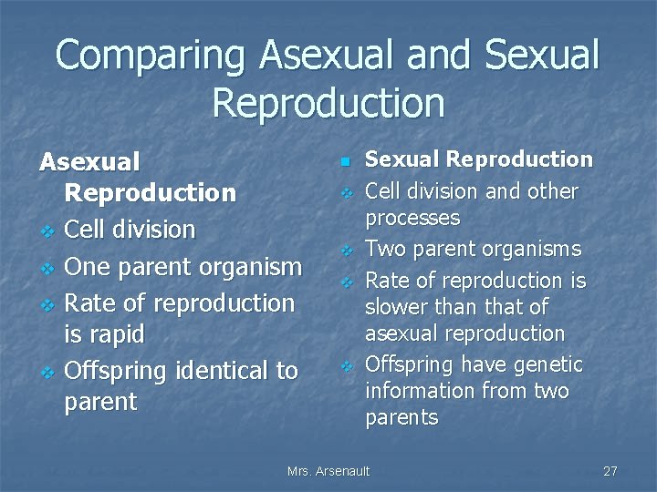 Comparing Asexual and Sexual Reproduction Asexual Reproduction v Cell division v One parent organism