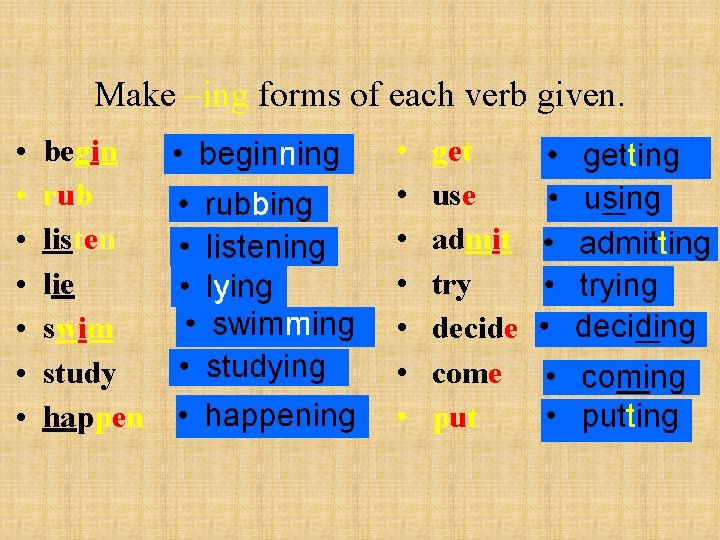 Make –ing forms of each verb given. • • begin rub listen lie swim