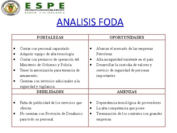 ANALISIS FODA FORTALEZAS OPORTUNIDADES Contar con personal capacitado Adquirir equipo de alta tecnología Contar