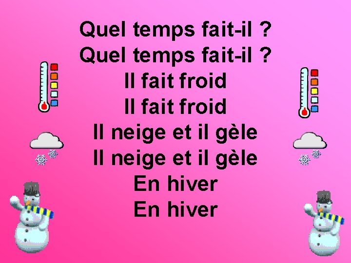 Quel temps fait-il ? Il fait froid Il neige et il gèle En hiver