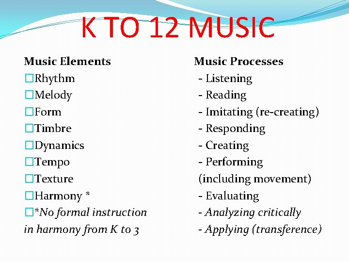 K TO 12 MUSIC Music Elements �Rhythm �Melody �Form �Timbre �Dynamics �Tempo �Texture �Harmony