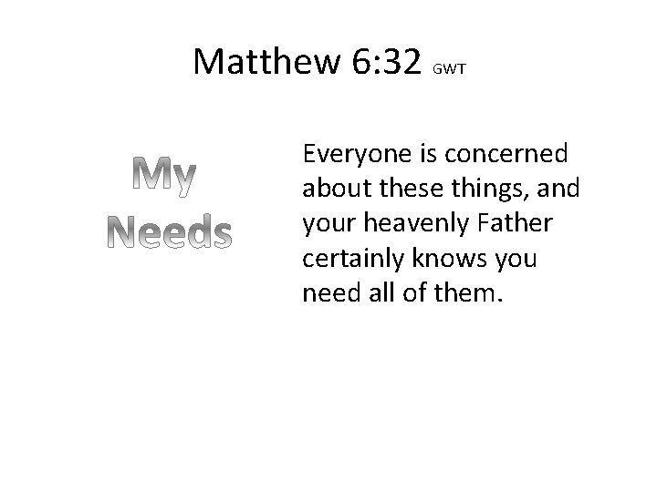 Matthew 6: 32 GWT Everyone is concerned about these things, and your heavenly Father Matthew 6: 32 GWT Everyone is concerned about these things, and your heavenly Father