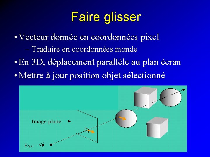 Faire glisser • Vecteur donnée en coordonnées pixel – Traduire en coordonnées monde •