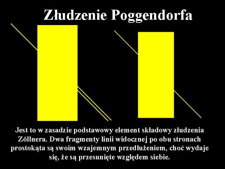 Złudzenie Poggendorfa Jest to w zasadzie podstawowy element składowy złudzenia Zőllnera. Dwa fragmenty linii