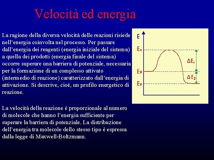 Velocità ed energia La ragione della diversa velocità delle reazioni risiede nell’energia coinvolta nel Velocità ed energia La ragione della diversa velocità delle reazioni risiede nell’energia coinvolta nel