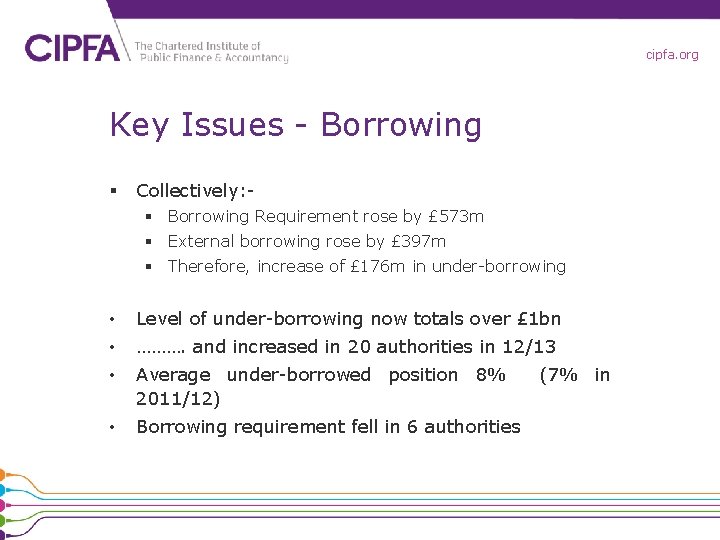 cipfa. org Key Issues - Borrowing § Collectively: § Borrowing Requirement rose by £