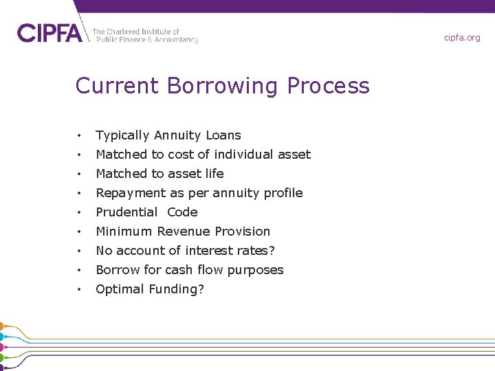 cipfa. org Current Borrowing Process • Typically Annuity Loans • Matched to cost of