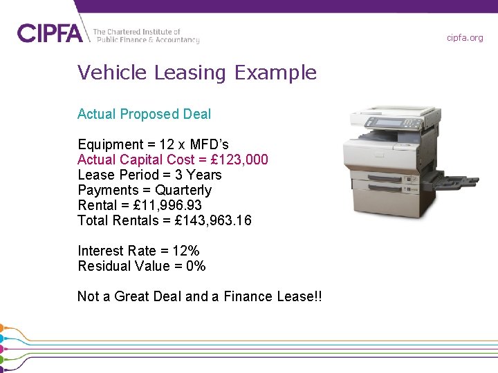 cipfa. org Vehicle Leasing Example Actual Proposed Deal Equipment = 12 x MFD’s Actual