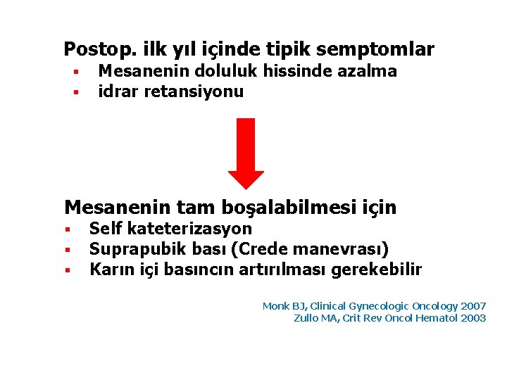 Postop. ilk yıl içinde tipik semptomlar § § Mesanenin doluluk hissinde azalma idrar retansiyonu