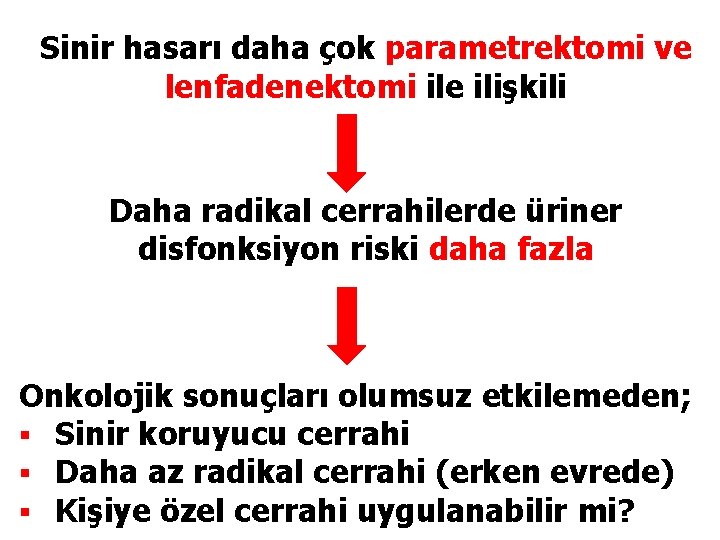 Sinir hasarı daha çok parametrektomi ve lenfadenektomi ile ilişkili Daha radikal cerrahilerde üriner disfonksiyon