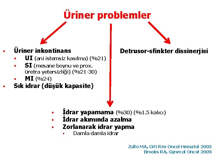 Üriner problemler § Üriner inkontinans § UI (ani istemsiz kasılma) (%21) § SI (mesane