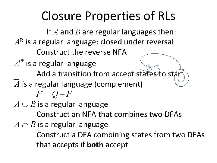 Closure Properties of RLs If A and B are regular languages then: AR is