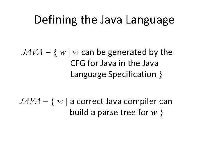 Defining the Java Language JAVA = { w | w can be generated by