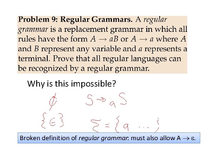 Why is this impossible? Broken definition of regular grammar: must also allow A .