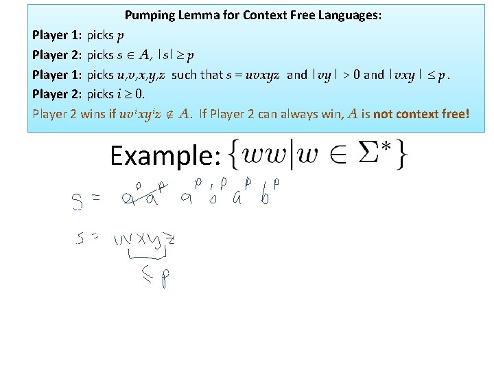 Pumping Lemma for Context Free Languages: Player 1: picks p Player 2: picks s