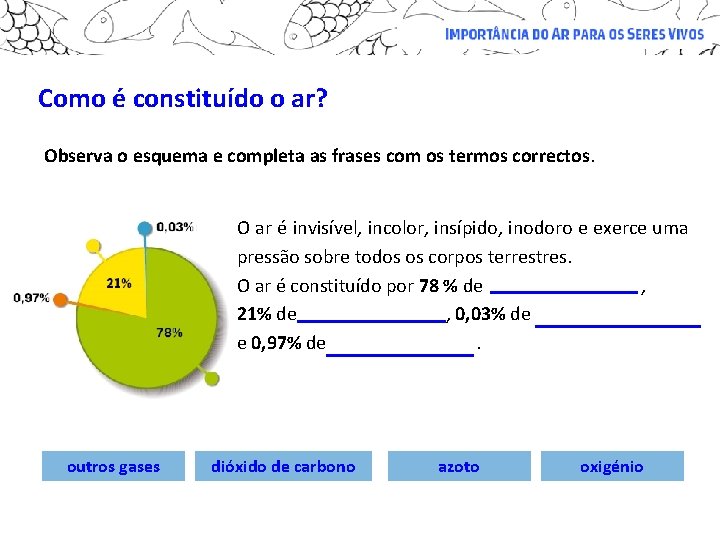 Como é constituído o ar? Observa o esquema e completa as frases com os Como é constituído o ar? Observa o esquema e completa as frases com os